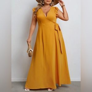 3XL MUSTARD YELLOW SHEIN VCAY Plus Size Ruffle Trim Knot Side Wrap Dress